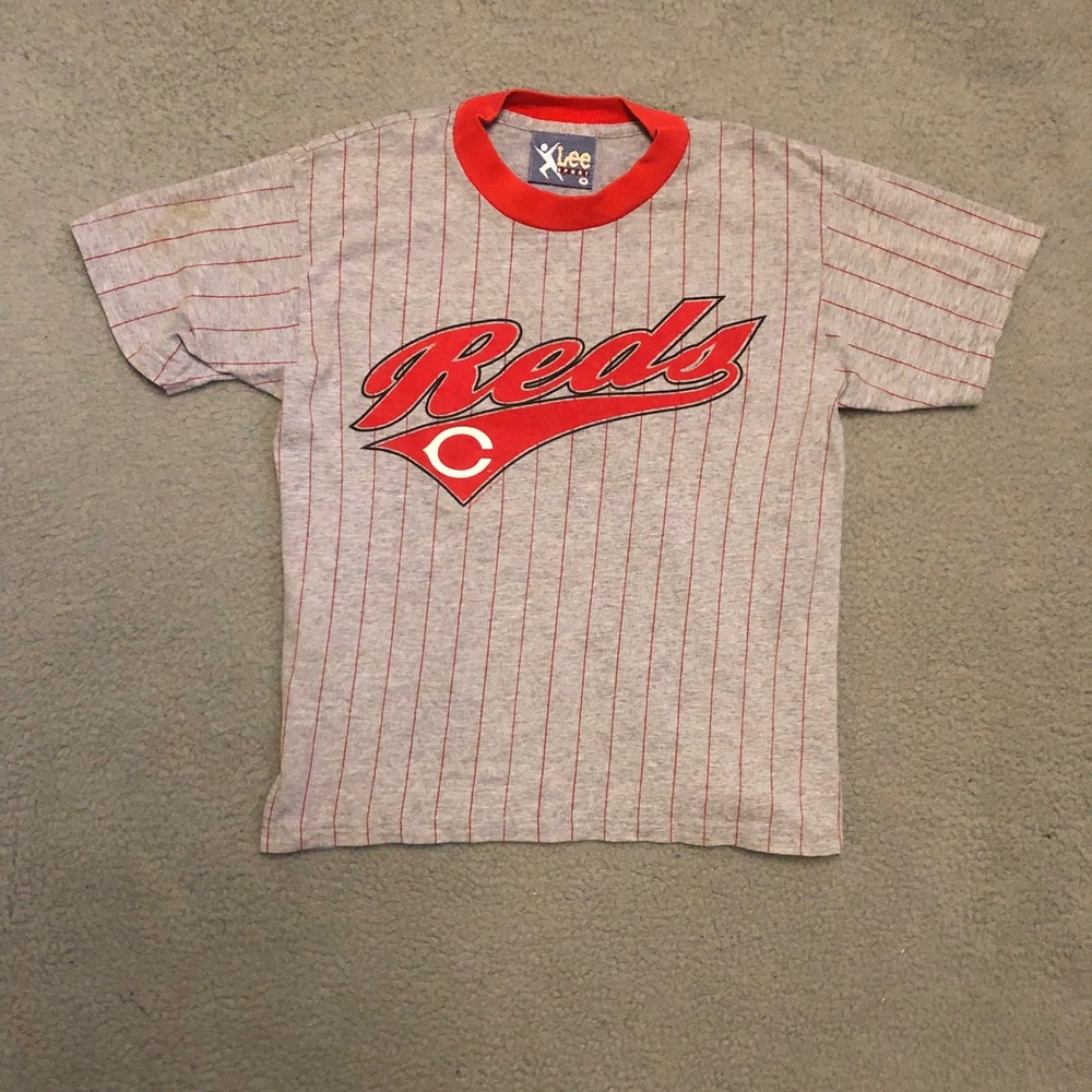 Single Stitch Vtg Lee Sport Cincinnati Reds Pinstripe Shirt Grey Red MLB Boys M